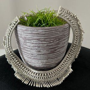 Silver Metal Bib Fringe Necklace